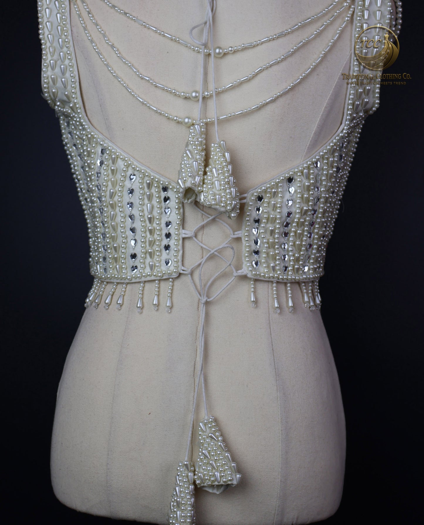 Handwork Pearl-Embellished Festive Blouse – Sleeveless V-Neck Crop Top | Traditional Partywear | Boutique Edition