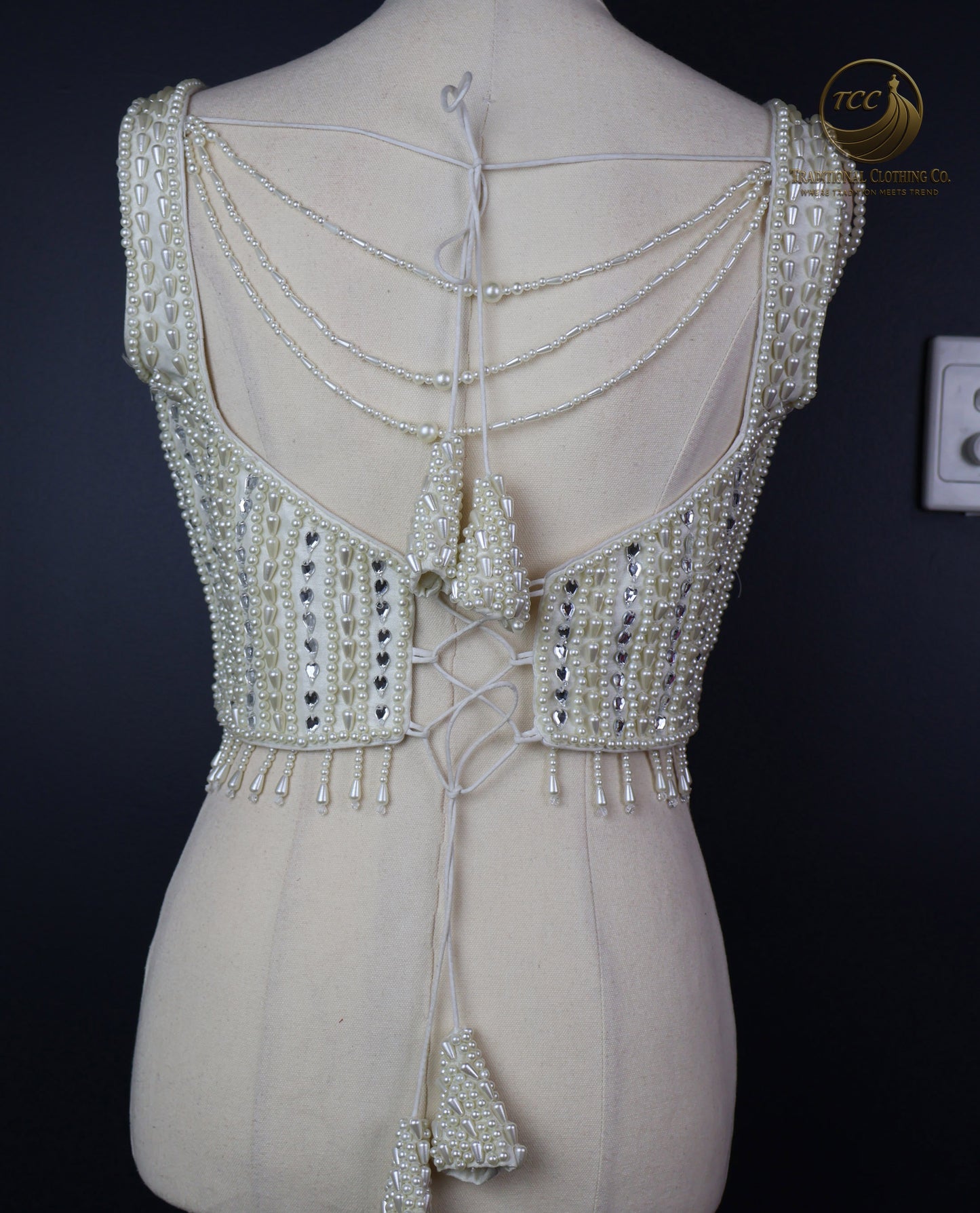 Handwork Pearl-Embellished Festive Blouse – Sleeveless V-Neck Crop Top | Traditional Partywear | Boutique Edition