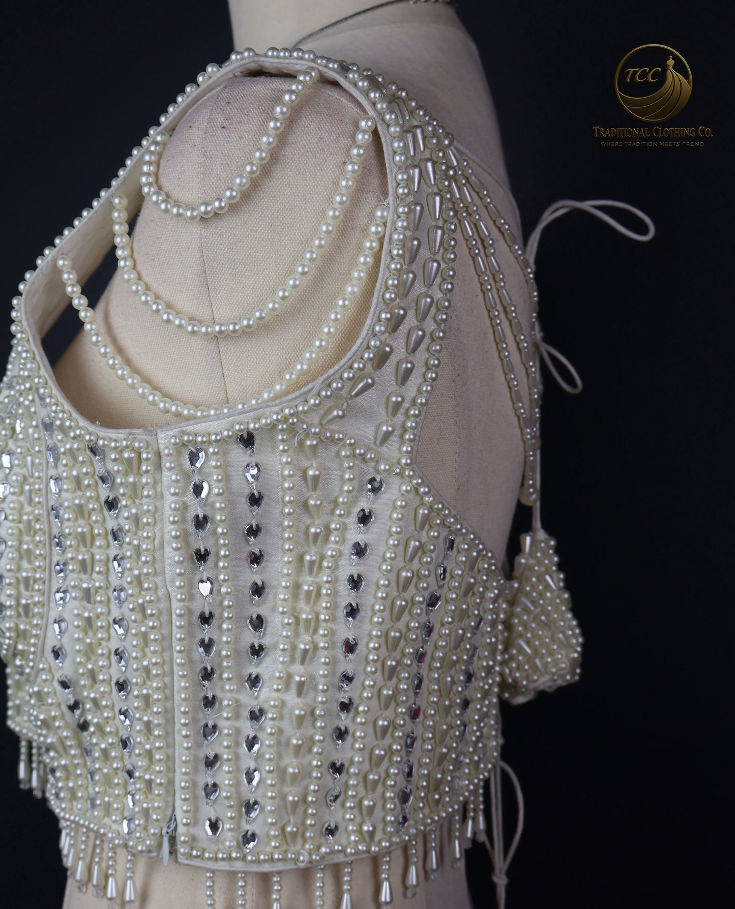 Handwork Pearl-Embellished Festive Blouse – Sleeveless V-Neck Crop Top | Traditional Partywear | Boutique Edition