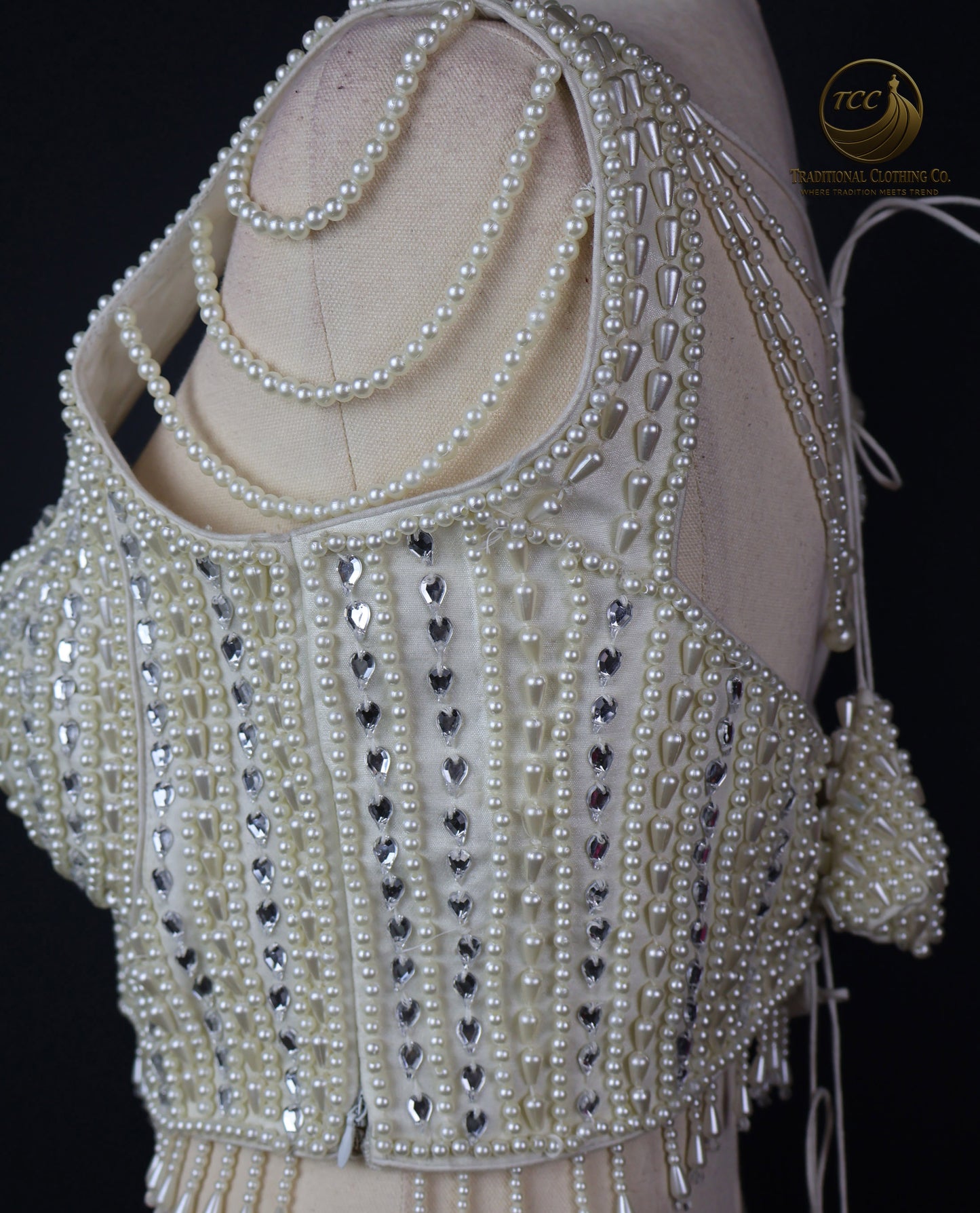 Handwork Pearl-Embellished Festive Blouse – Sleeveless V-Neck Crop Top | Traditional Partywear | Boutique Edition