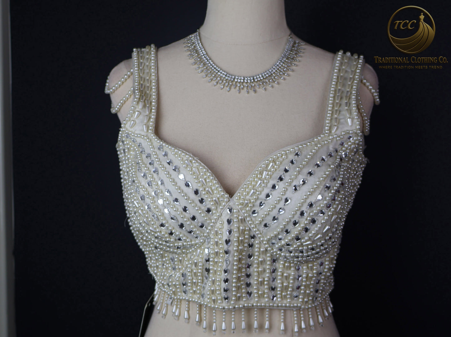 Handwork Pearl-Embellished Festive Blouse – Sleeveless V-Neck Crop Top | Traditional Partywear | Boutique Edition