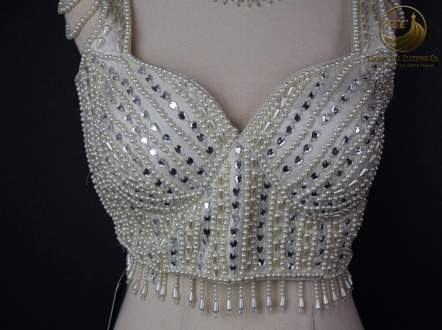 Handwork Pearl-Embellished Festive Blouse – Sleeveless V-Neck Crop Top | Traditional Partywear | Boutique Edition
