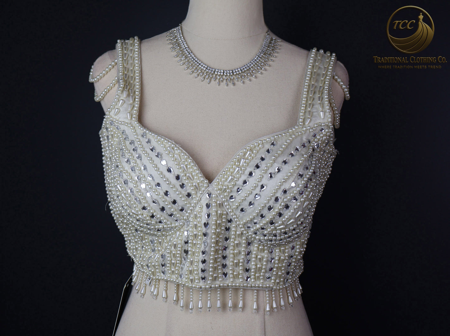 Handwork Pearl-Embellished Festive Blouse – Sleeveless V-Neck Crop Top | Traditional Partywear | Boutique Edition