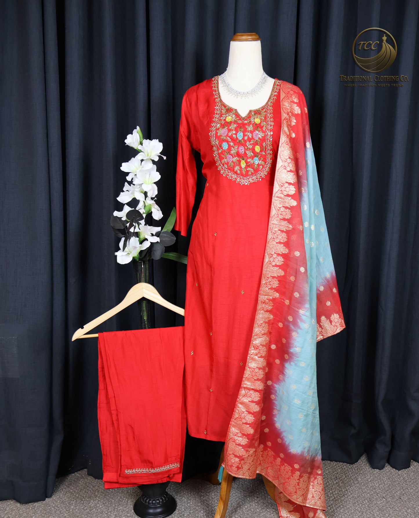 Red & Blue Traditional Handwork Kurta Set – Embroidered Neckline with Matching Dupatta | Festive Wear