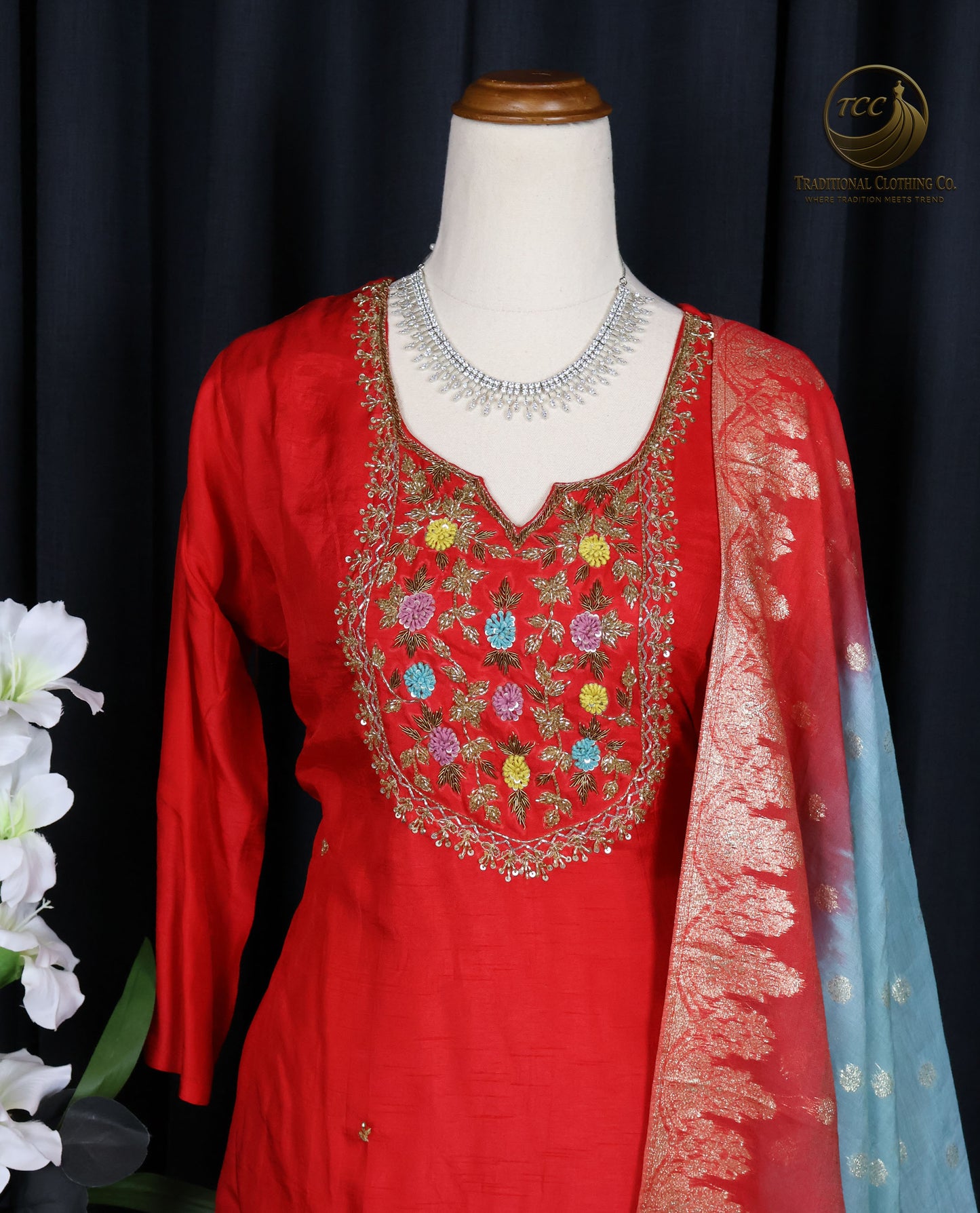 Red & Blue Traditional Handwork Kurta Set – Embroidered Neckline with Matching Dupatta | Festive Wear