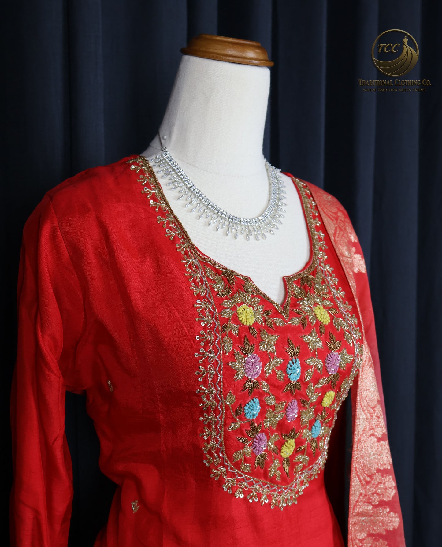 Red & Blue Traditional Handwork Kurta Set – Embroidered Neckline with Matching Dupatta | Festive Wear