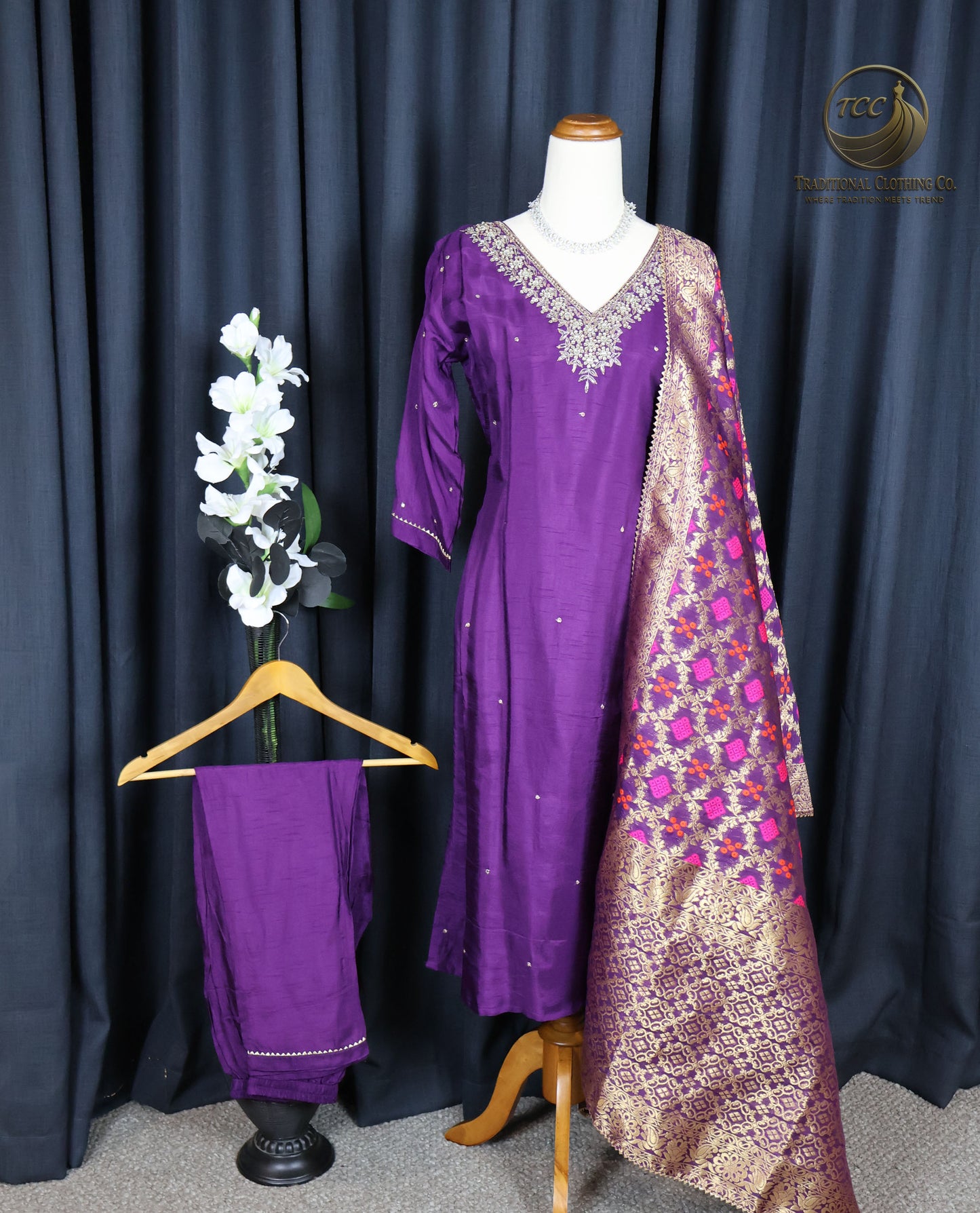 Purple Tie-Dye Traditional 3-Piece Ensemble with Gold & Multicolor Embroidery β Festive & Cultural Wear