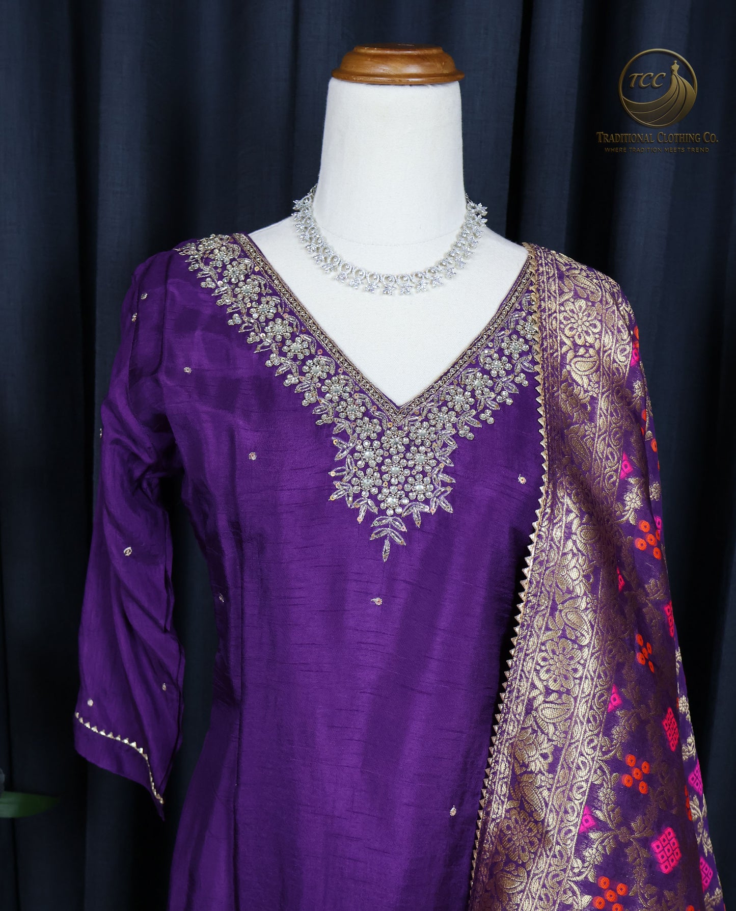 Purple Tie-Dye Traditional 3-Piece Ensemble with Gold & Multicolor Embroidery β Festive & Cultural Wear