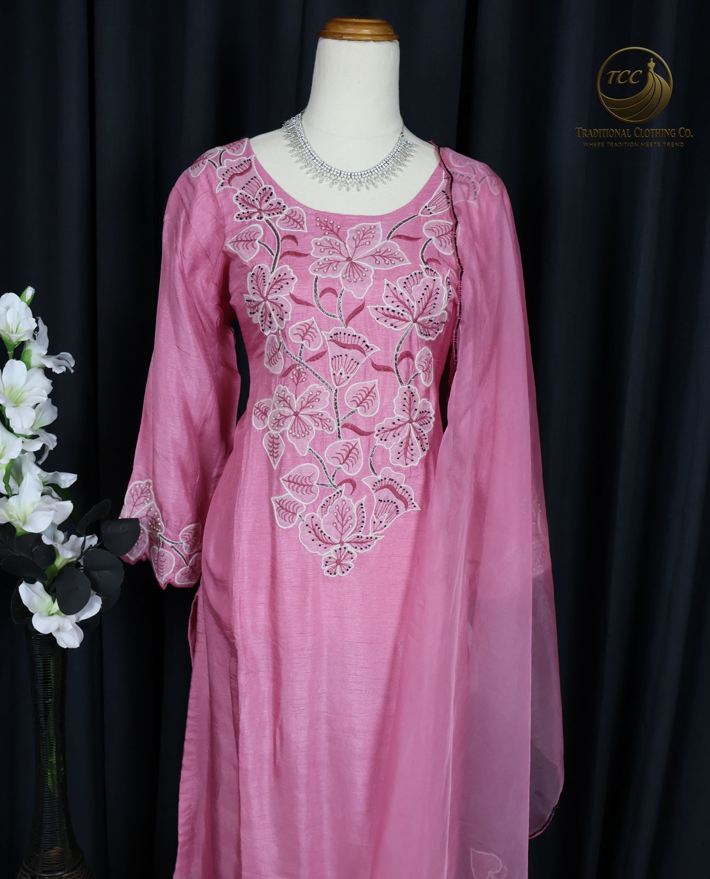 Soft Pink Three-Piece Handwork Kurti Set with Floral Embroidery – Festive & Cultural Wear for Women