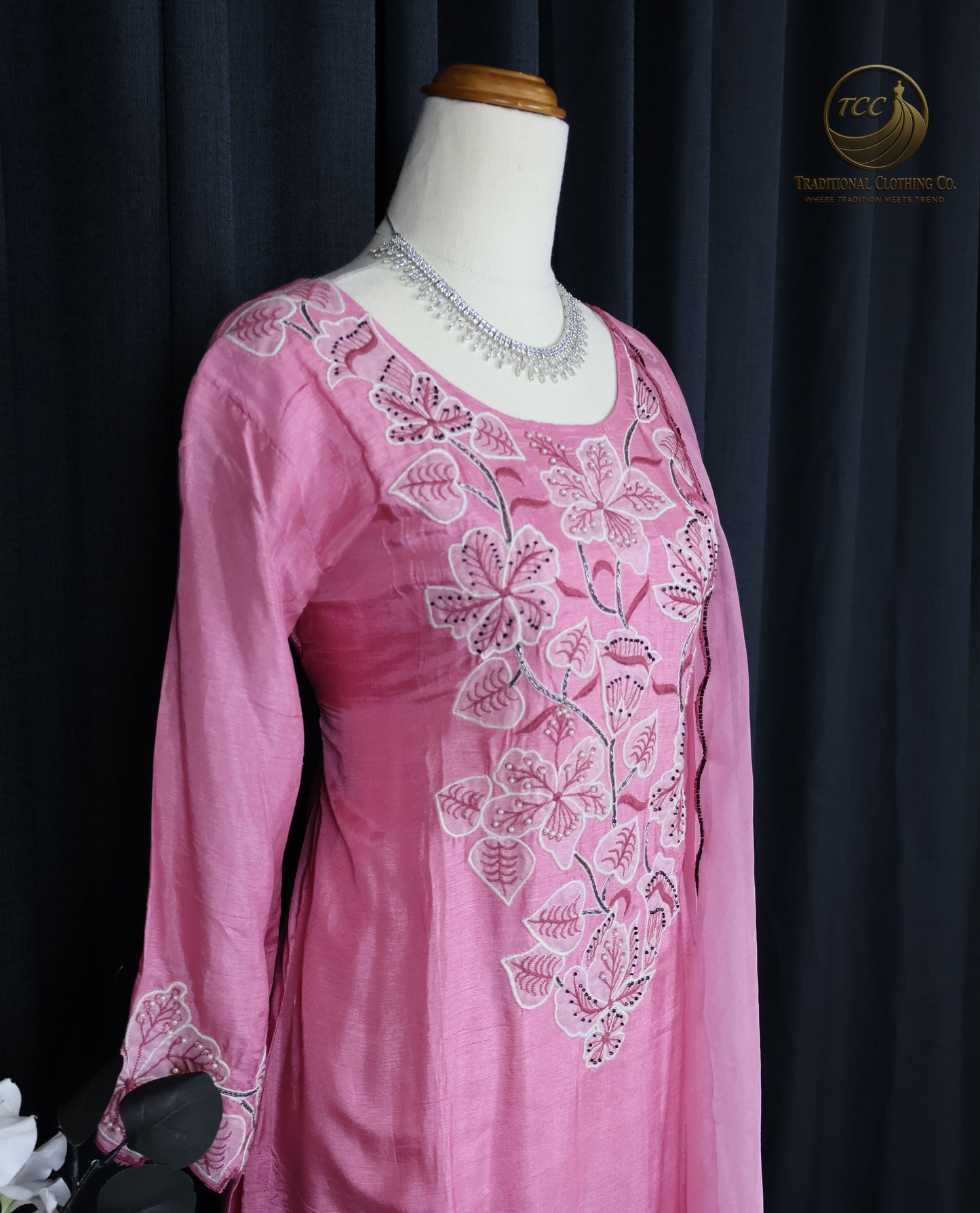 Soft Pink Three-Piece Handwork Kurti Set with Floral Embroidery – Festive & Cultural Wear for Women
