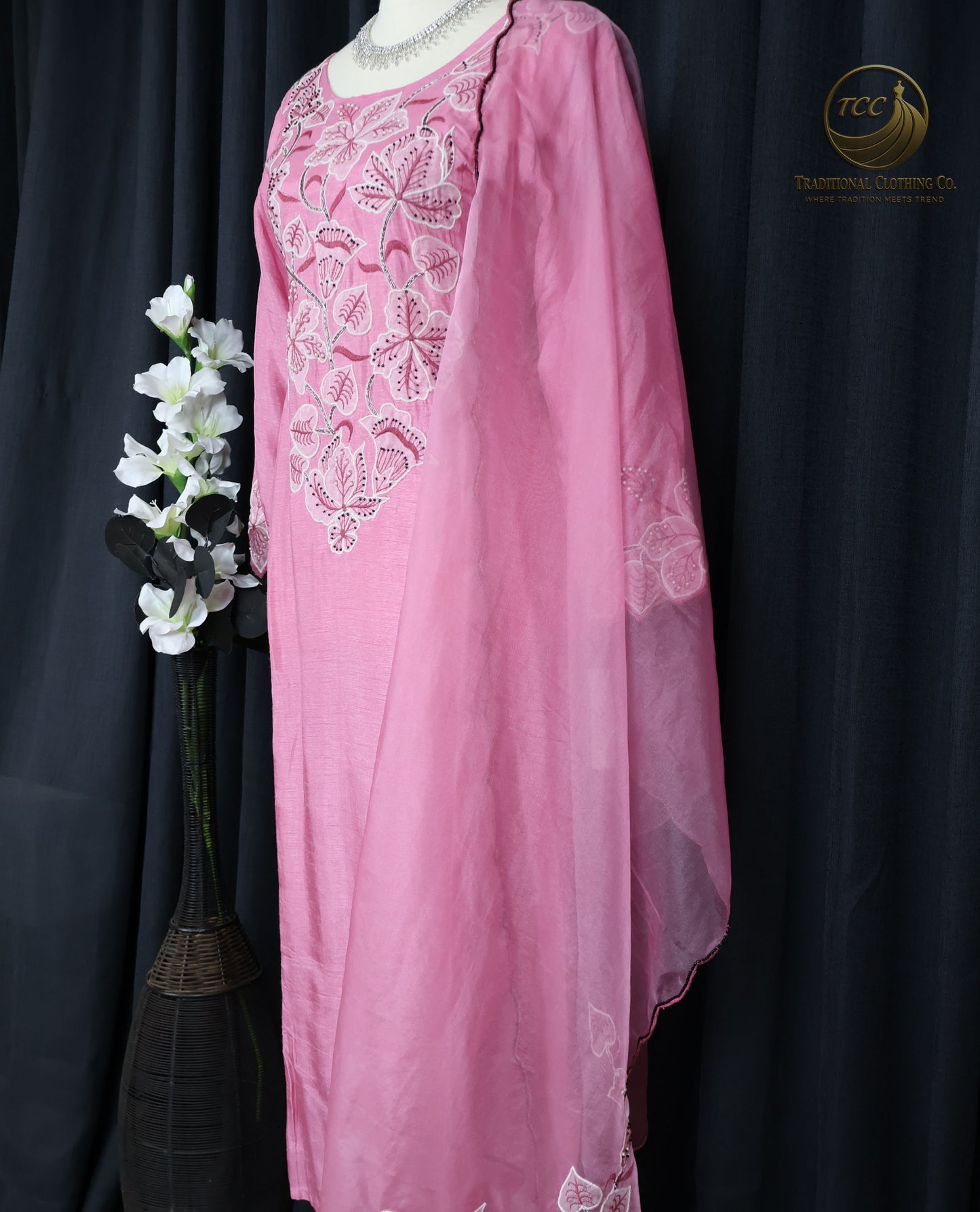Soft Pink Three-Piece Handwork Kurti Set with Floral Embroidery – Festive & Cultural Wear for Women