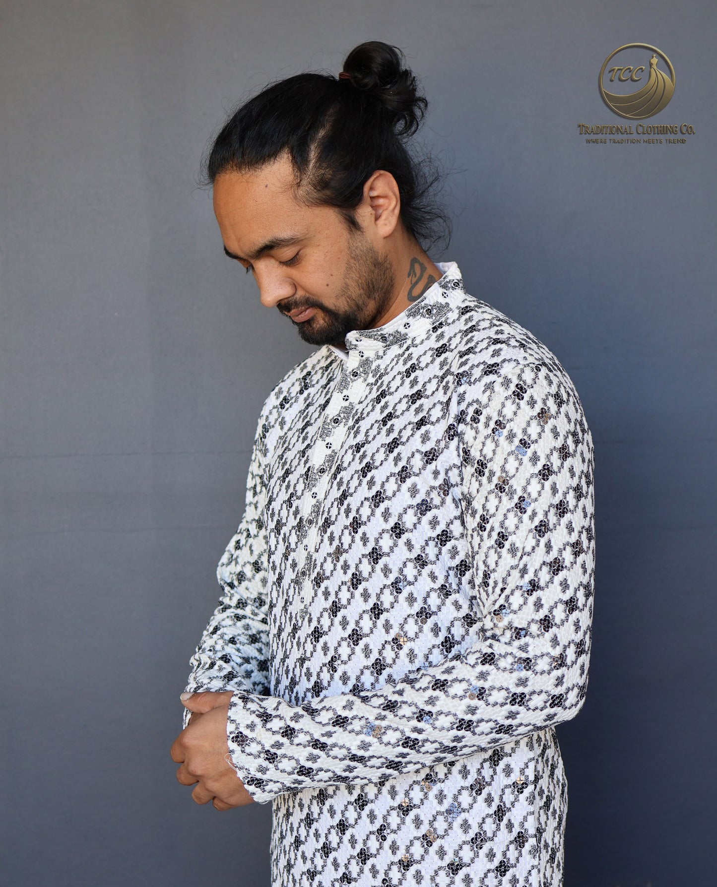 Men’s Chikankari Kurta Set – Geometric Embroidery with Full Sleeve Traditional Wear