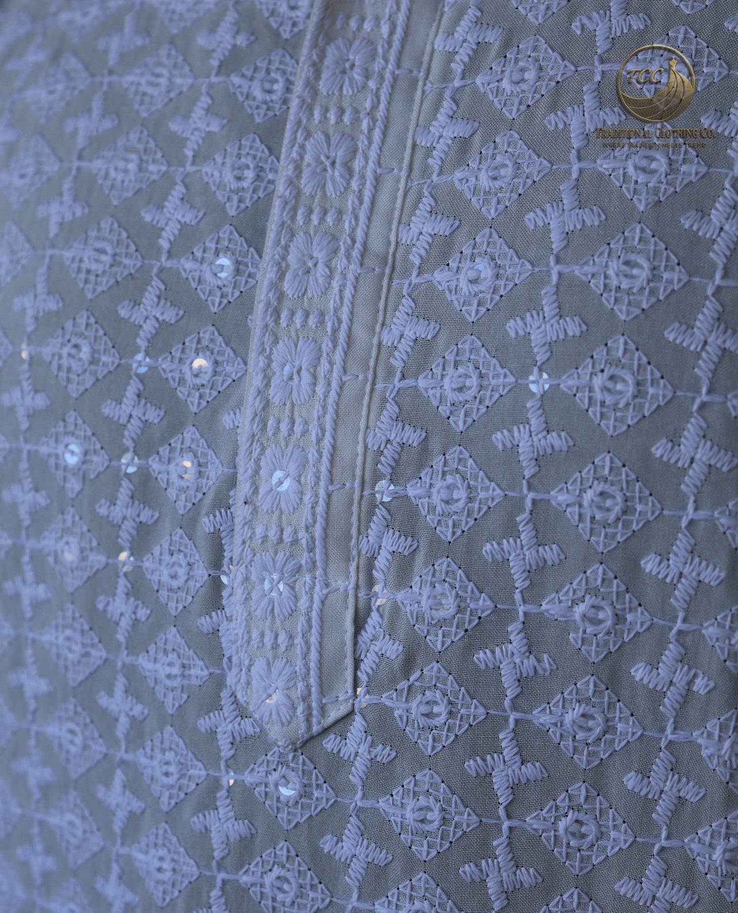 Men’s Chikankari Kurta Set – Geometric Embroidery with Full Sleeve Traditional Wear