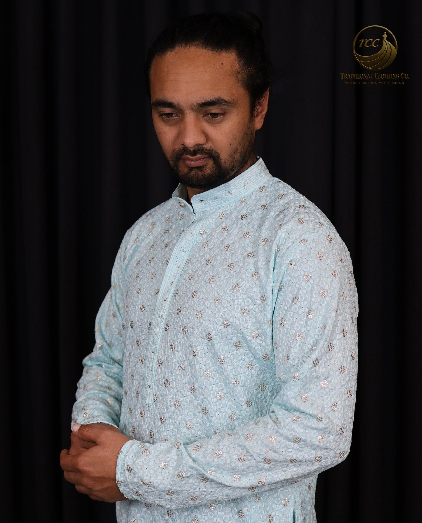 Designer Embroidered Chikankari Kurta for Men β Rich Collar Detail in Vibrant Colors | Peach, Blue, Mint Green and Yellow