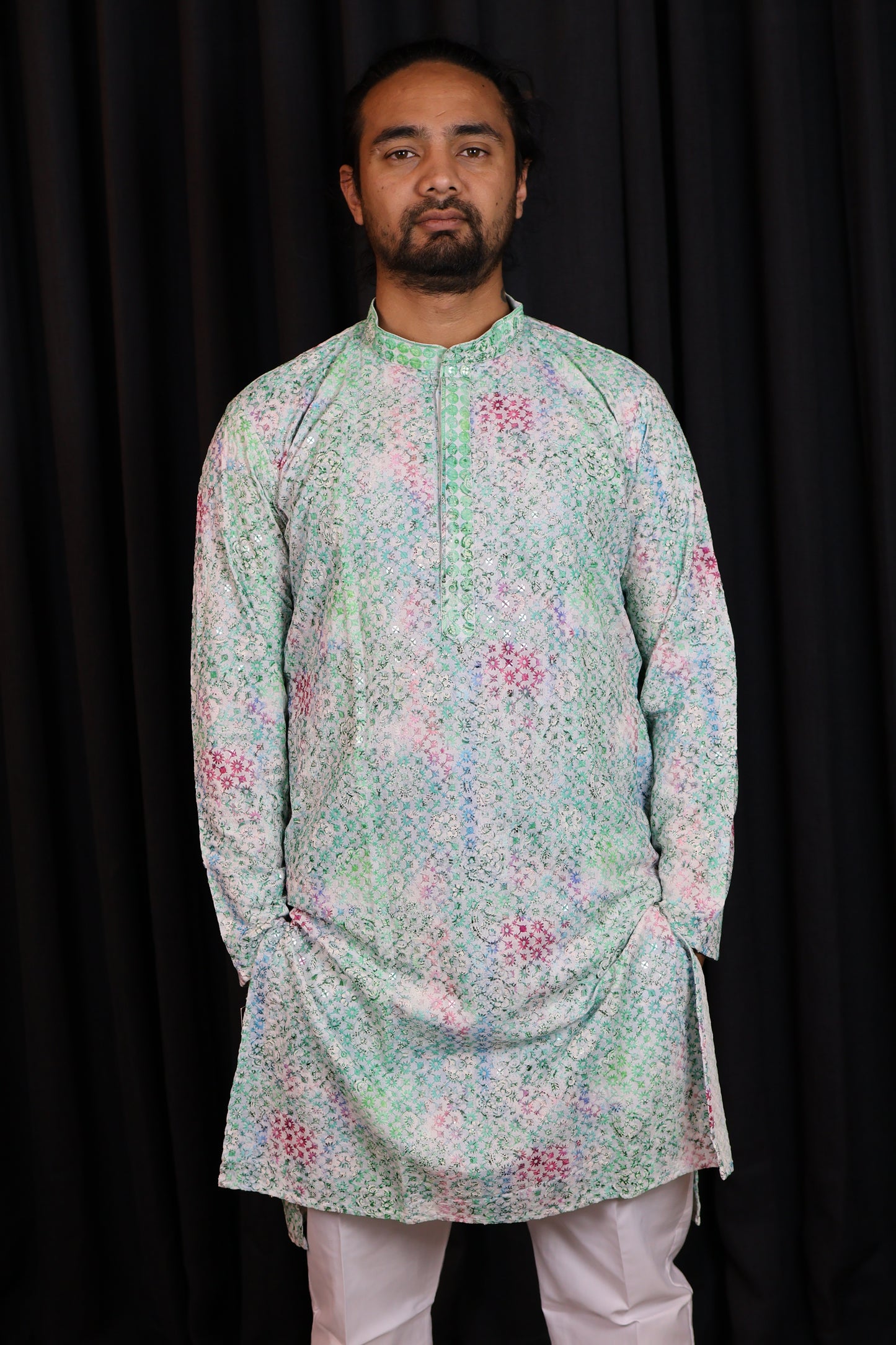 Multicolor Chikankari Kurta for Men – Handcrafted Lucknowi Embroidery