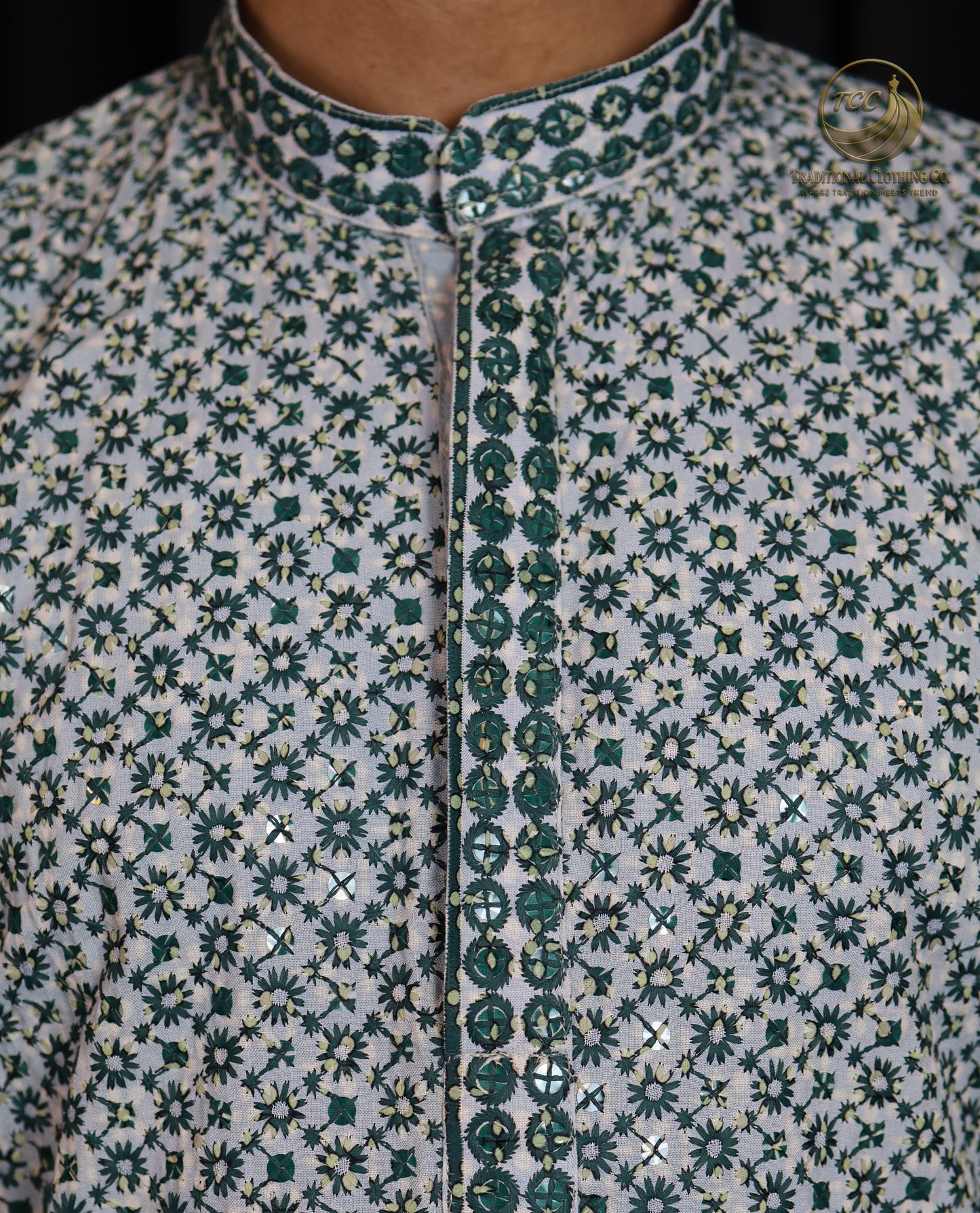Green Chikankari Kurta for Men – Handcrafted Lucknowi Embroidery for Festive Wear