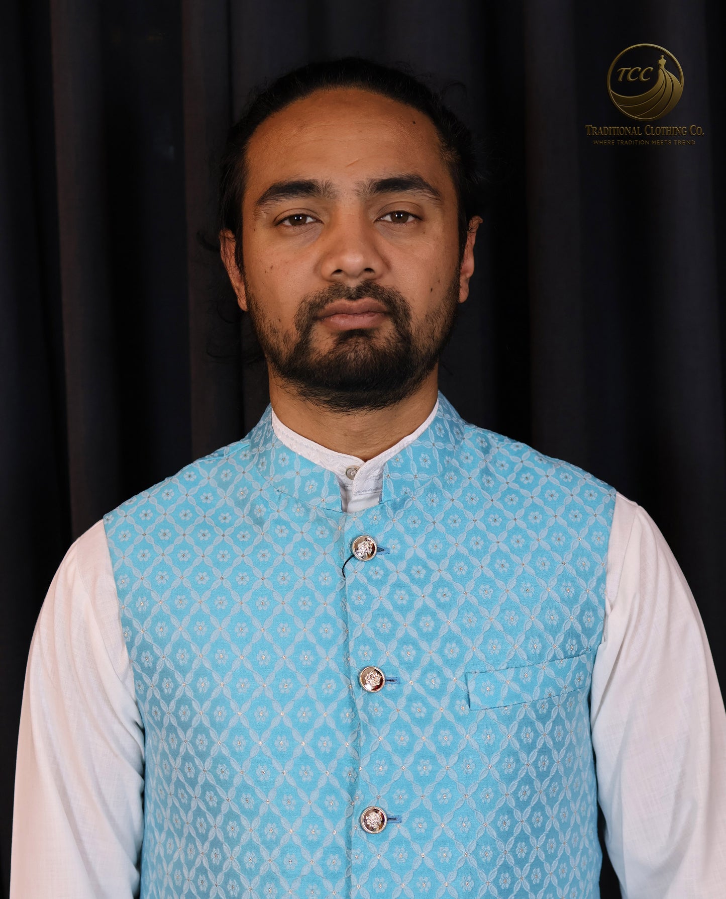 Light Blue Waistcoat with White Diamond Print β Single Piece Traditional Menswear