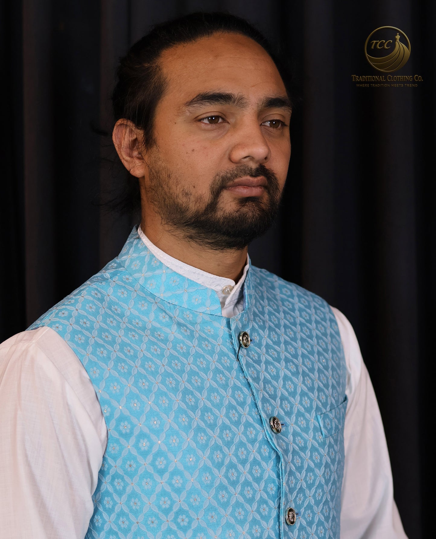Light Blue Waistcoat with White Diamond Print β Single Piece Traditional Menswear
