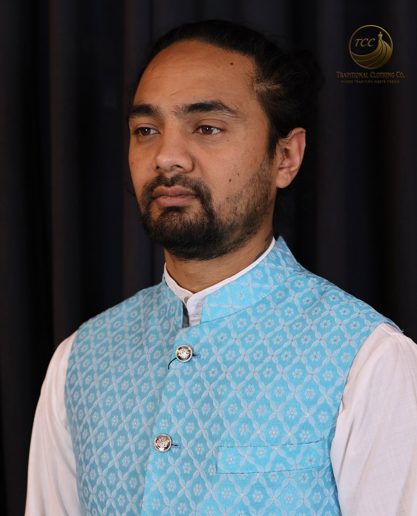 Light Blue Waistcoat with White Diamond Print β Single Piece Traditional Menswear