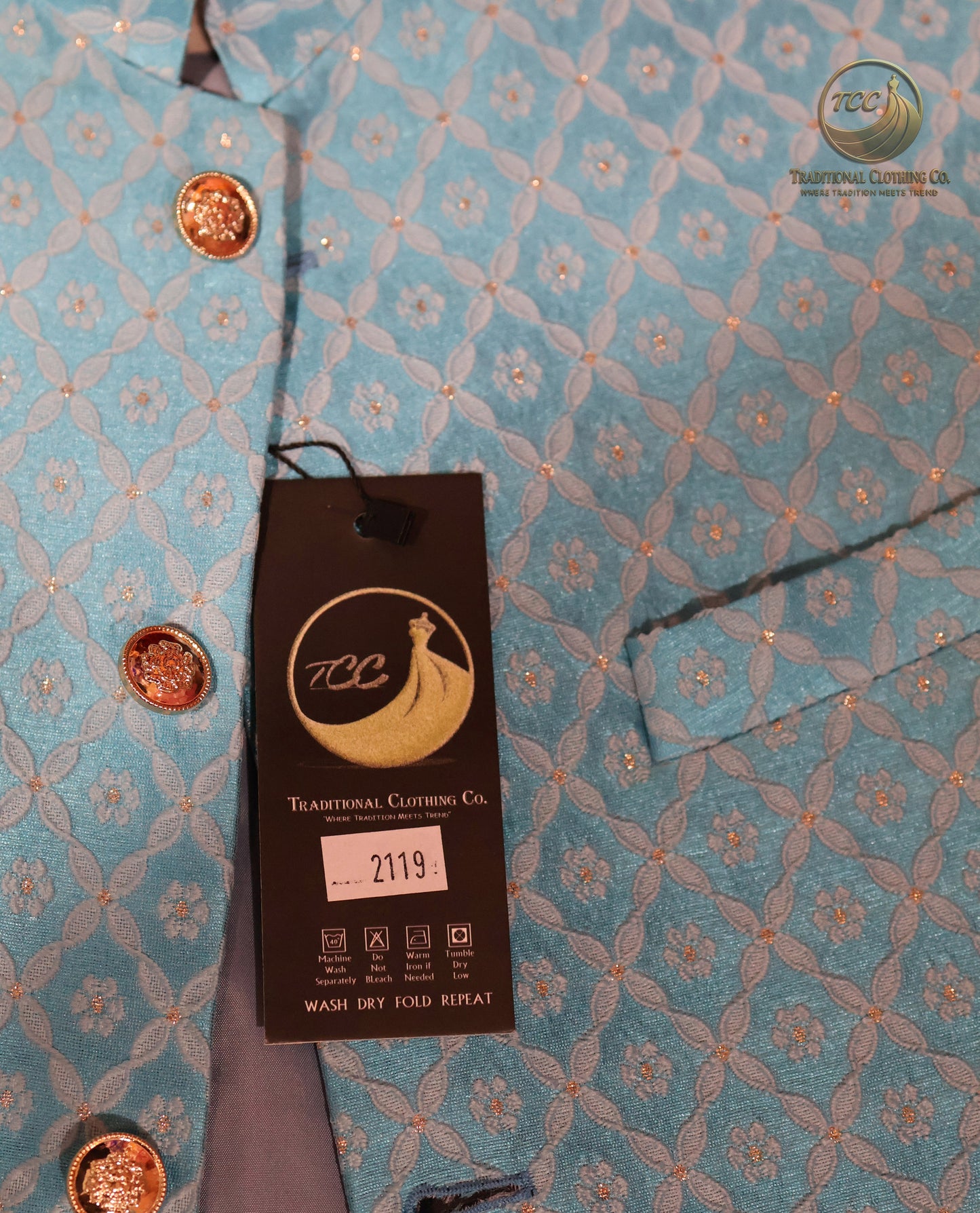 Light Blue Waistcoat with White Diamond Print β Single Piece Traditional Menswear