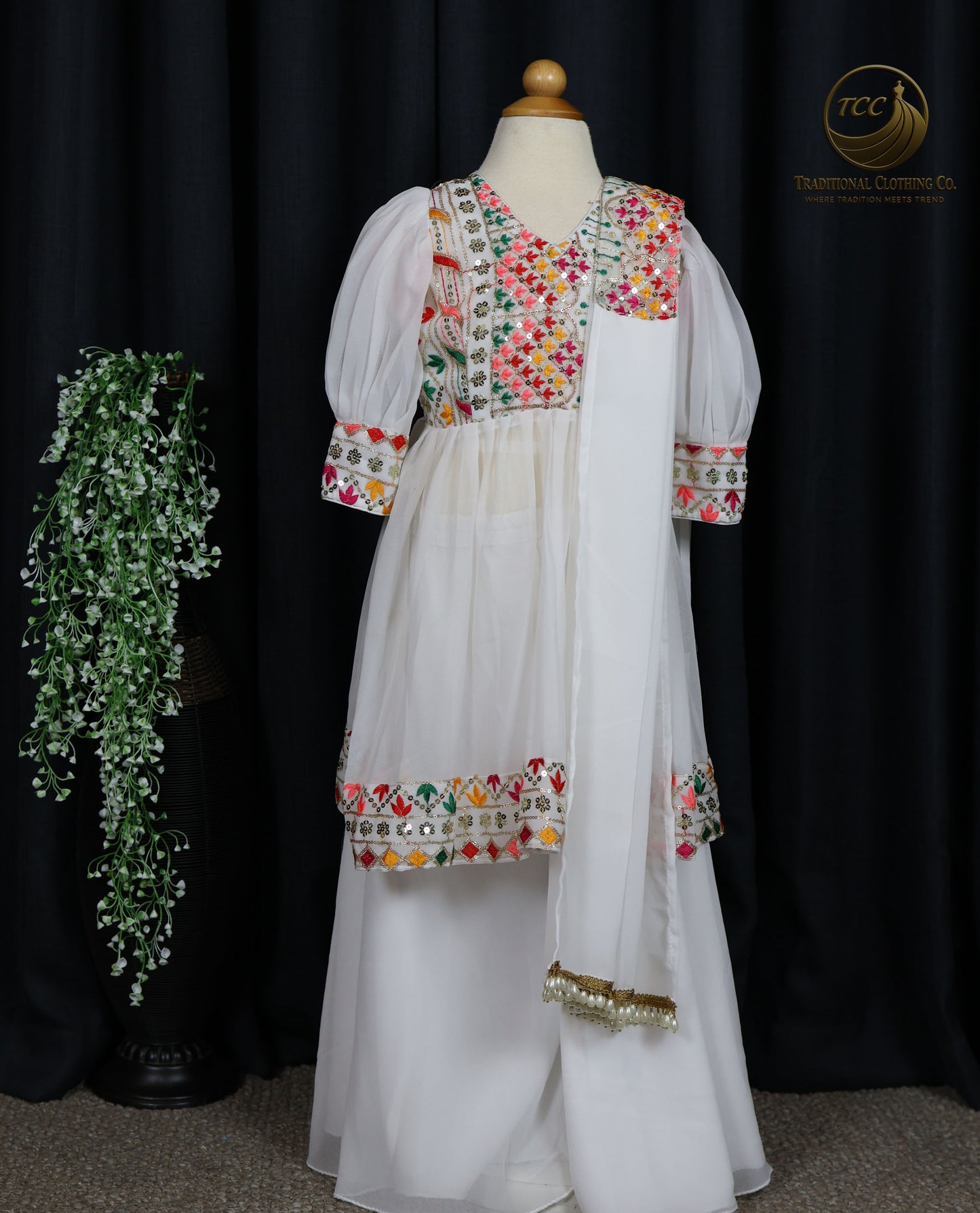 Multicolor Embroidered Girls Sharara Suit with Puff Sleeves – Cultural & Festive Wear | Boutique Edition