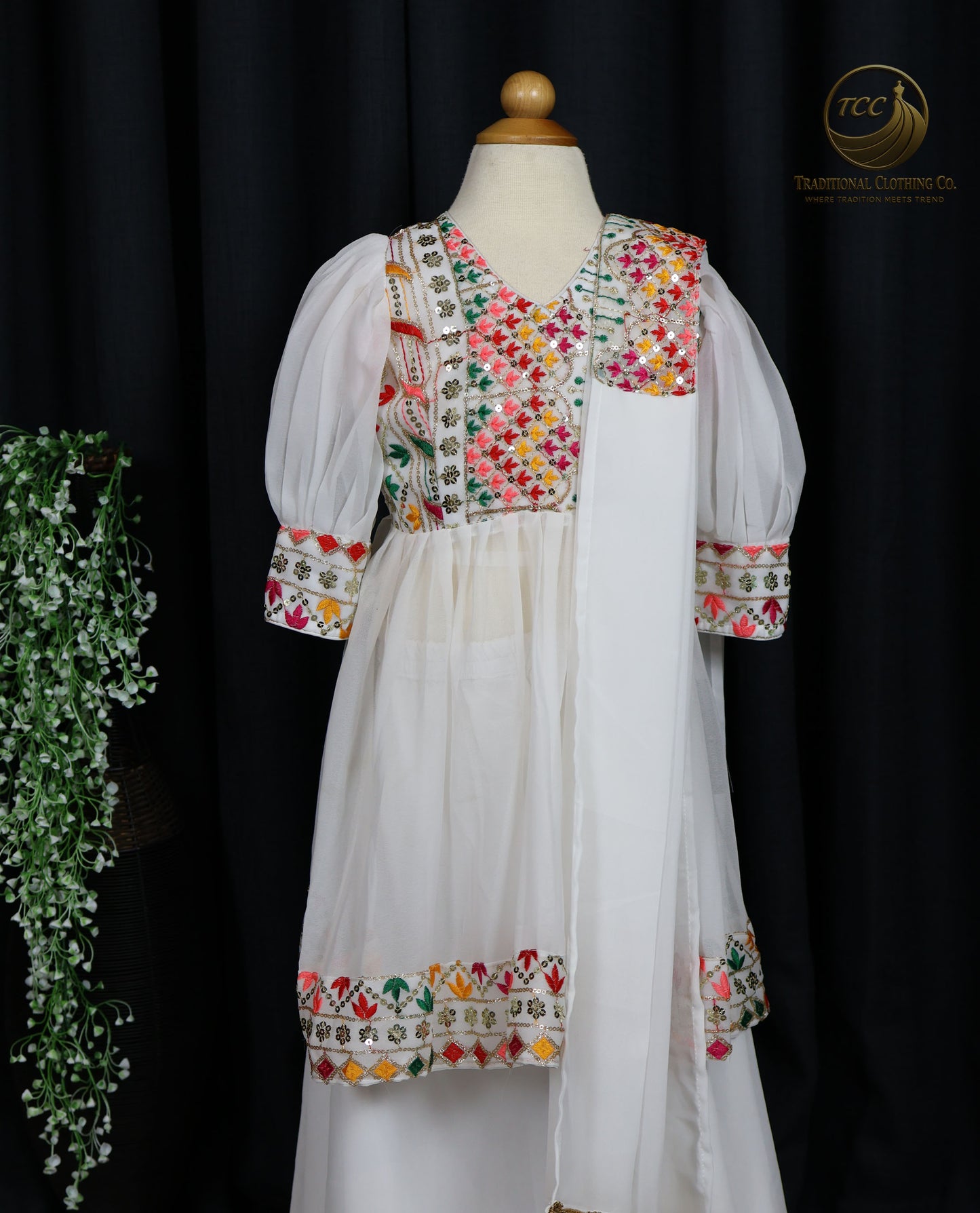Multicolor Embroidered Girls Sharara Suit with Puff Sleeves – Cultural & Festive Wear | Boutique Edition