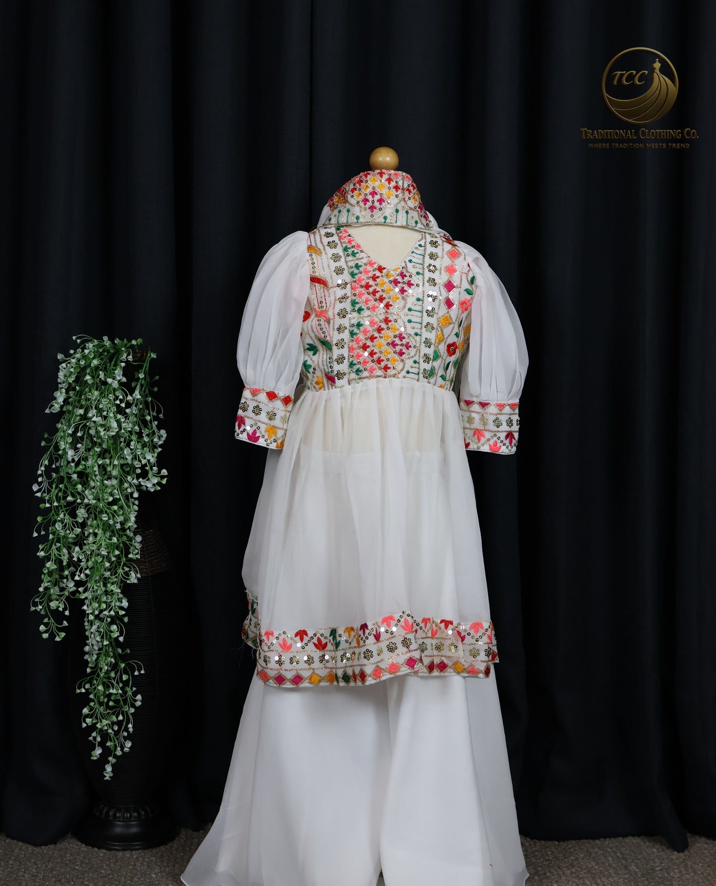 Multicolor Embroidered Girls Sharara Suit with Puff Sleeves – Cultural & Festive Wear | Boutique Edition