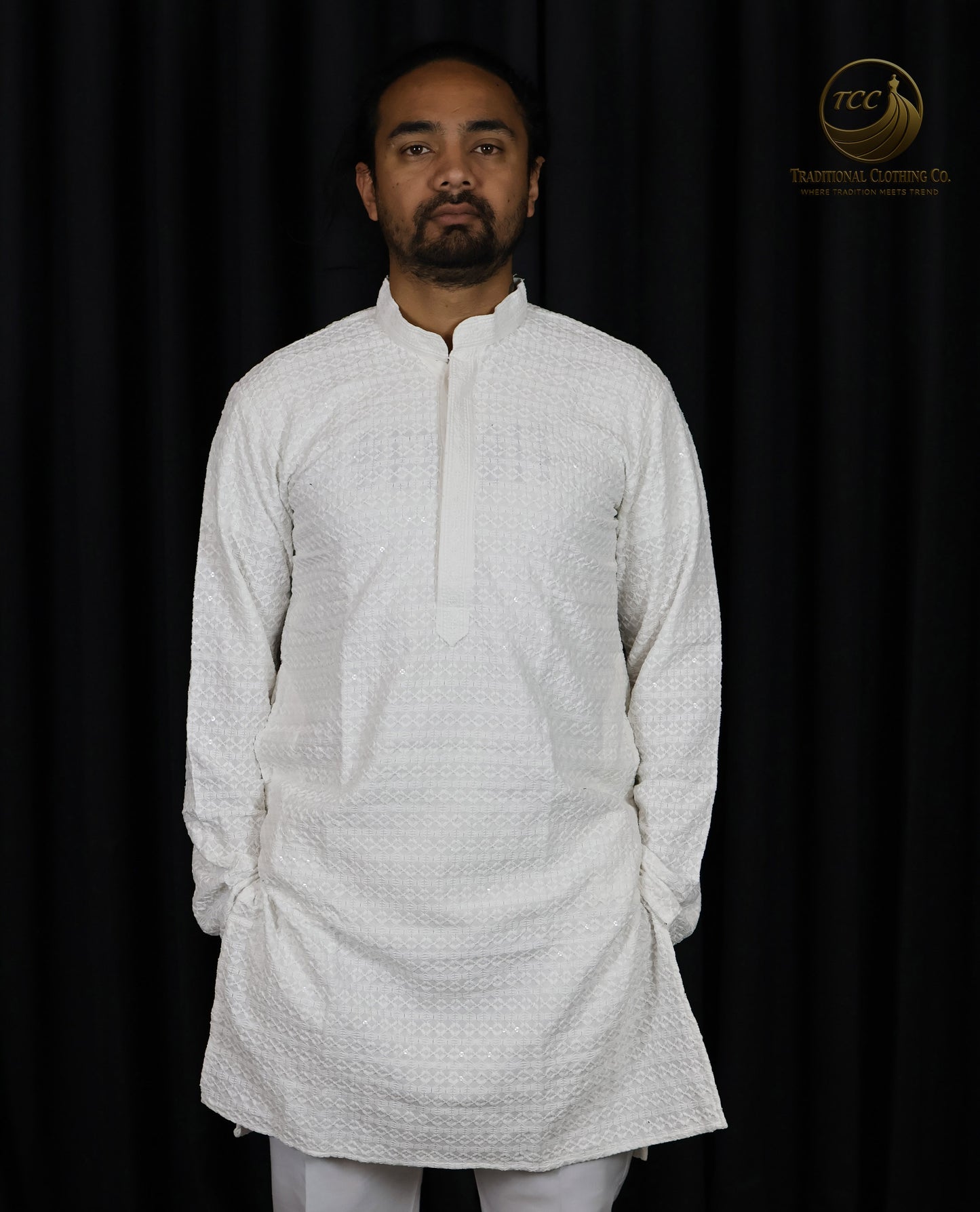 White chikan kari kurta Men's Traditional White Kurta Set with Stand Collar – Festive & Cultural Wear