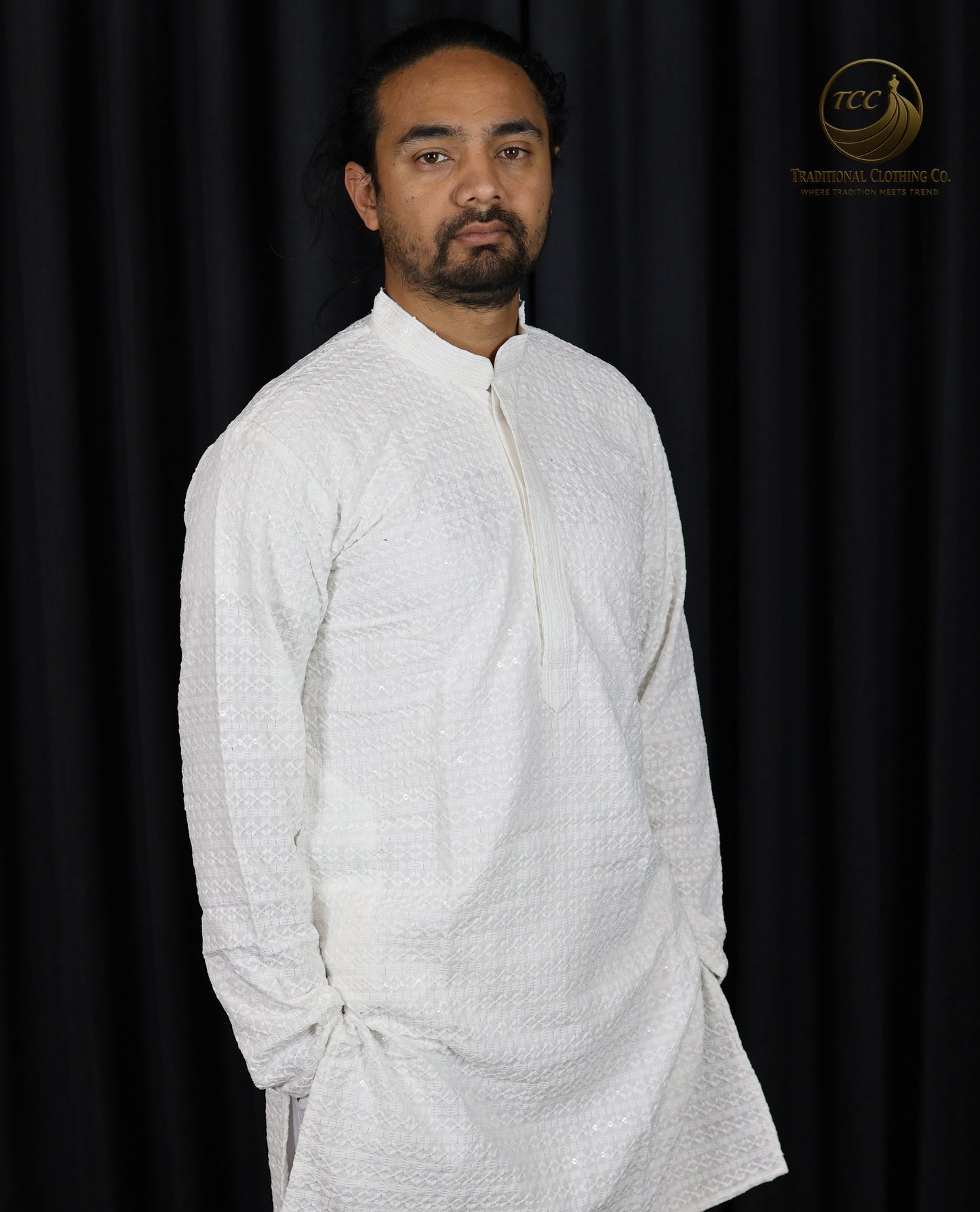 White chikan kari kurta Men's Traditional White Kurta Set with Stand Collar – Festive & Cultural Wear