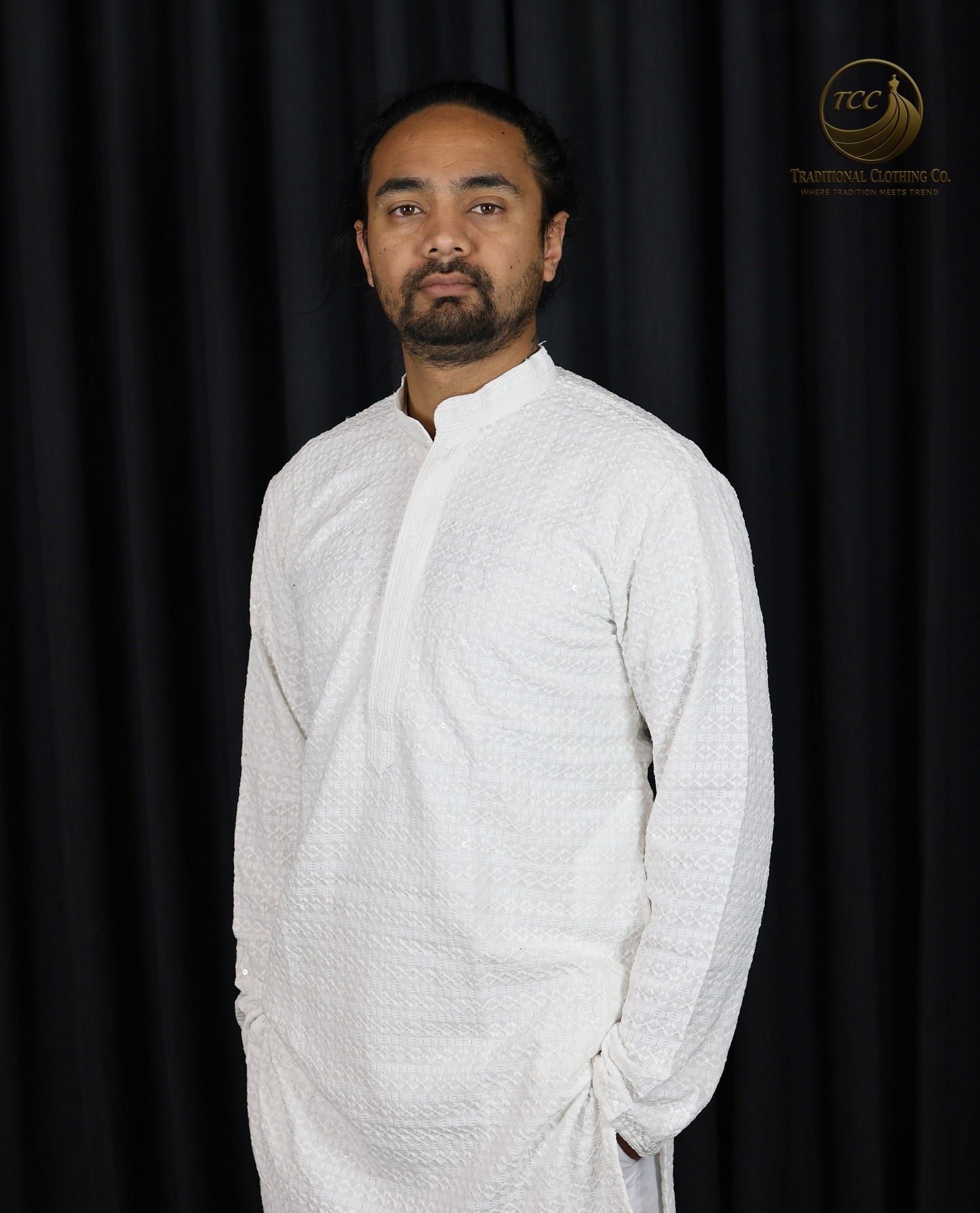 White chikan kari kurta Men's Traditional White Kurta Set with Stand Collar – Festive & Cultural Wear
