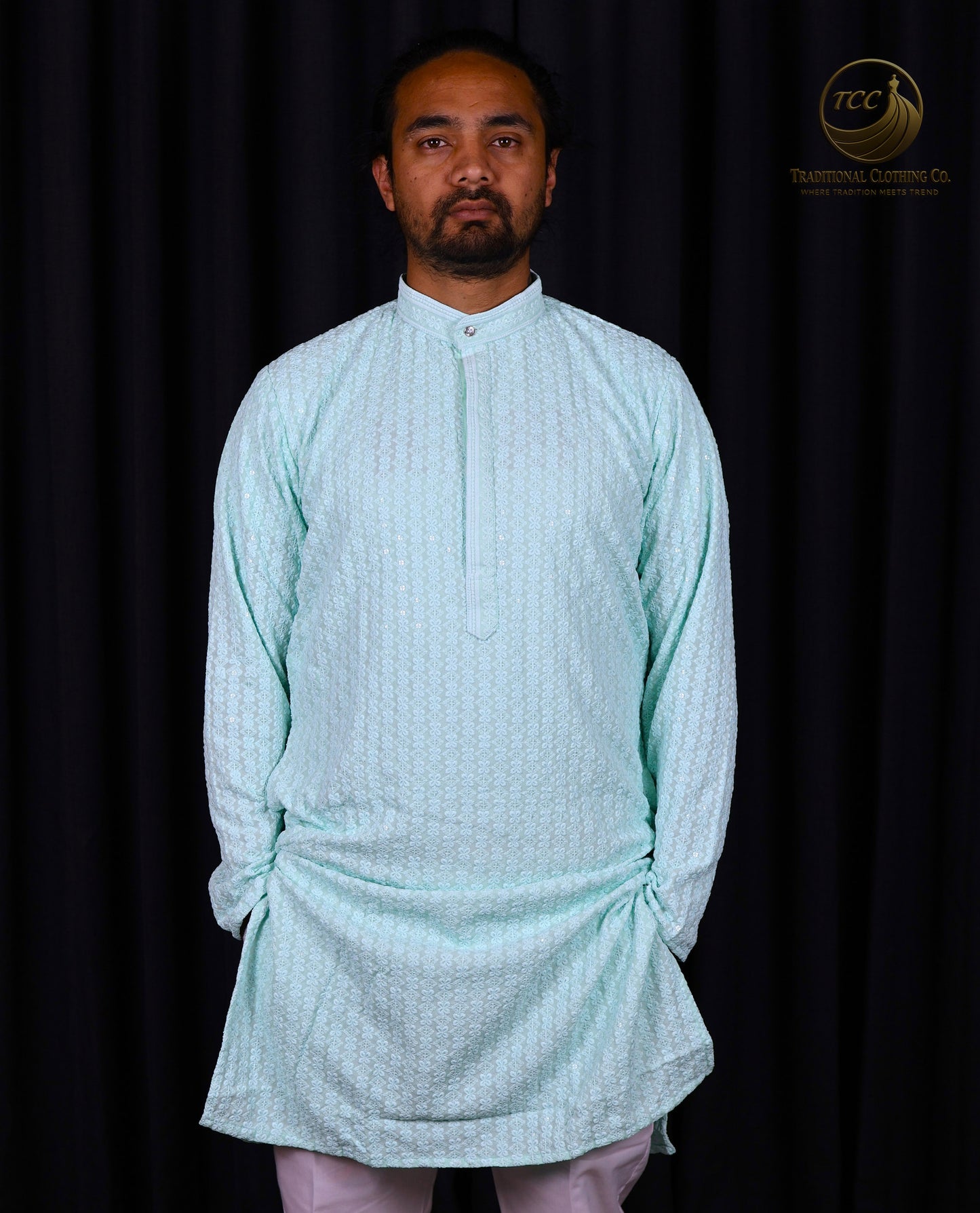 Premium Subtle Pattern Men's Chikan Kari Kurta – High Collar Style in Multiple Colours | Aquamarine Blue, Peach, Yellow, and Mint Green