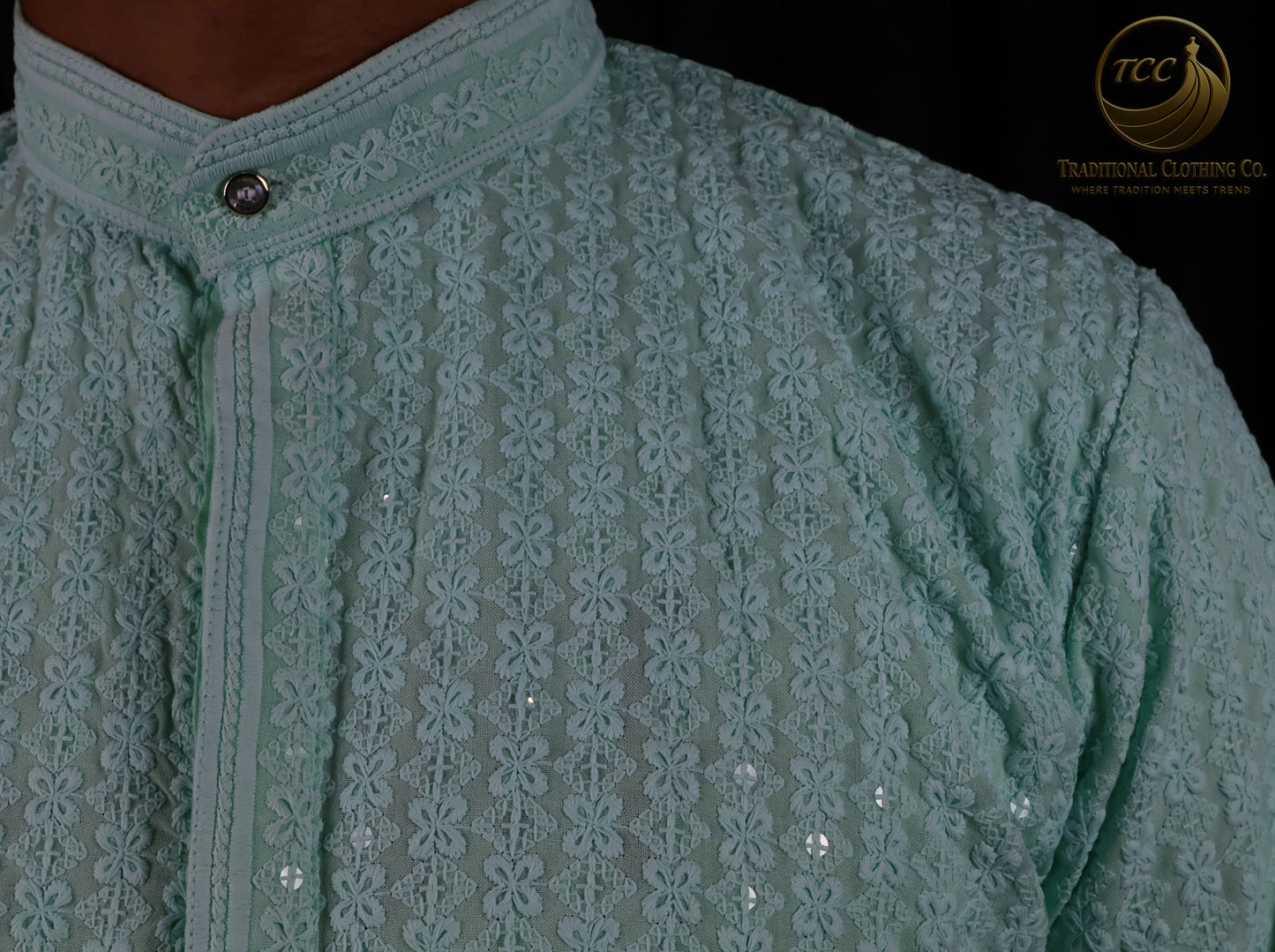 Premium Subtle Pattern Men's Chikan Kari Kurta – High Collar Style in Multiple Colours | Aquamarine Blue, Peach, Yellow, and Mint Green