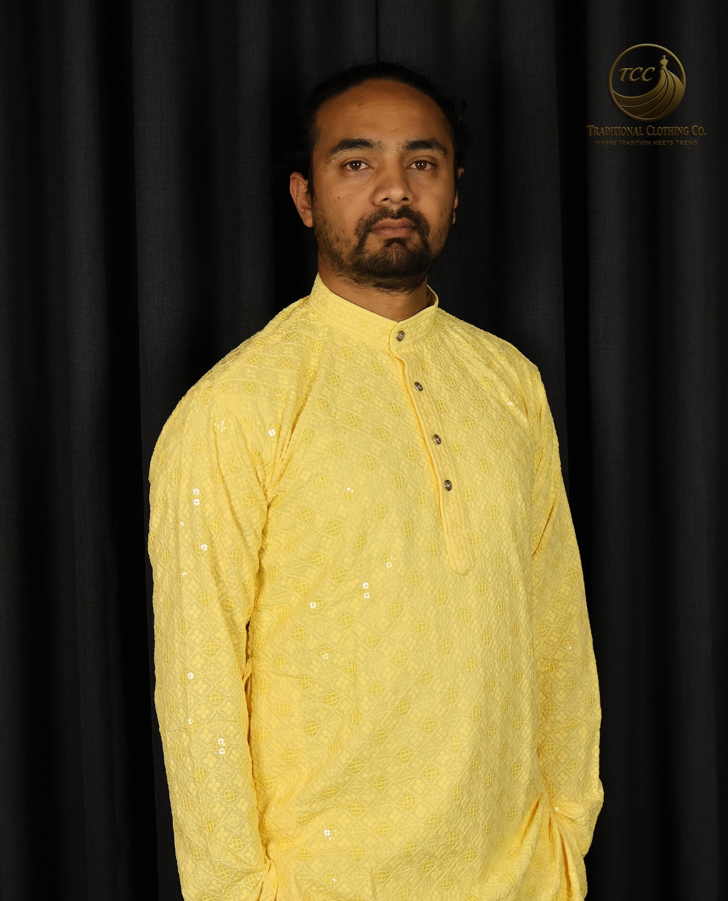 Men’s Soft Yellow Chikankari Kurta – Handcrafted Ethnic Wear with Sequin Accents