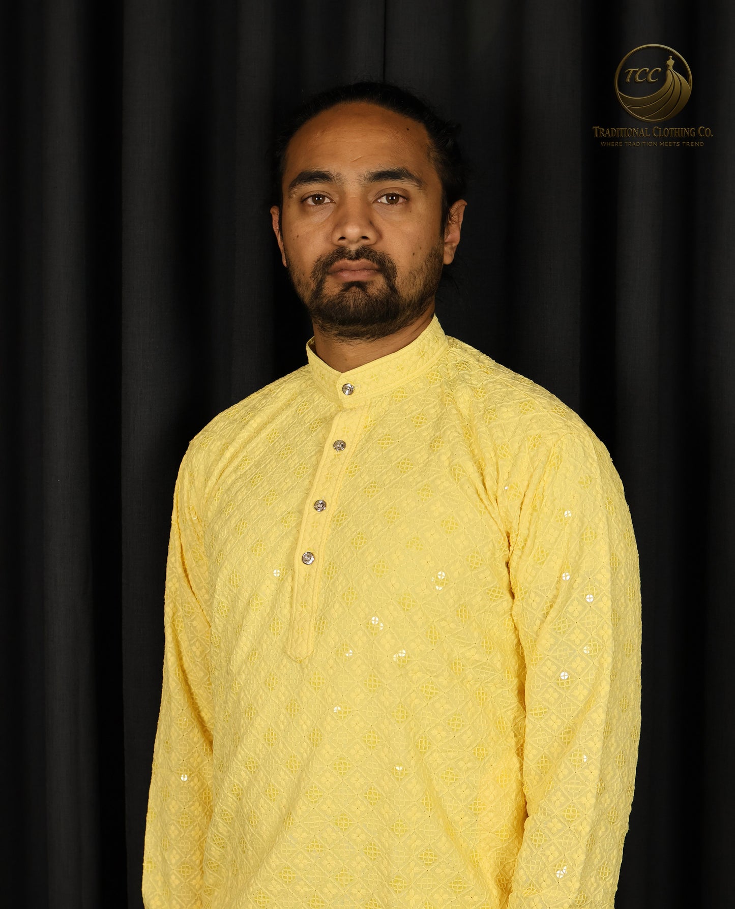 Men’s Soft Yellow Chikankari Kurta – Handcrafted Ethnic Wear with Sequin Accents