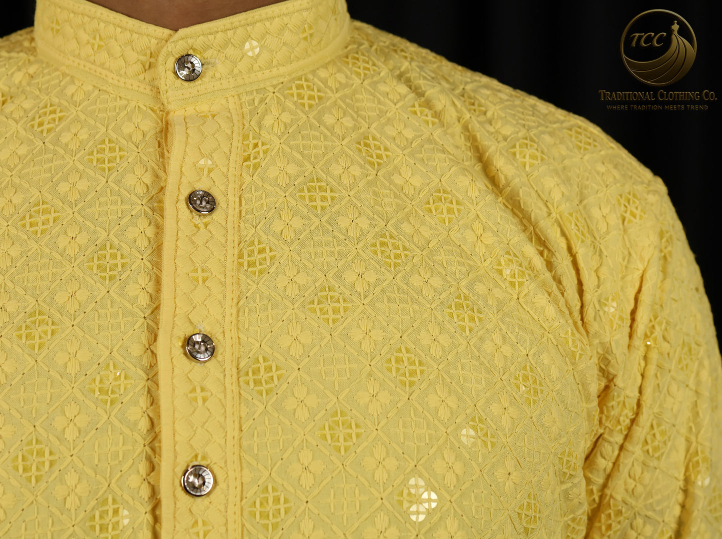 Men’s Soft Yellow Chikankari Kurta – Handcrafted Ethnic Wear with Sequin Accents
