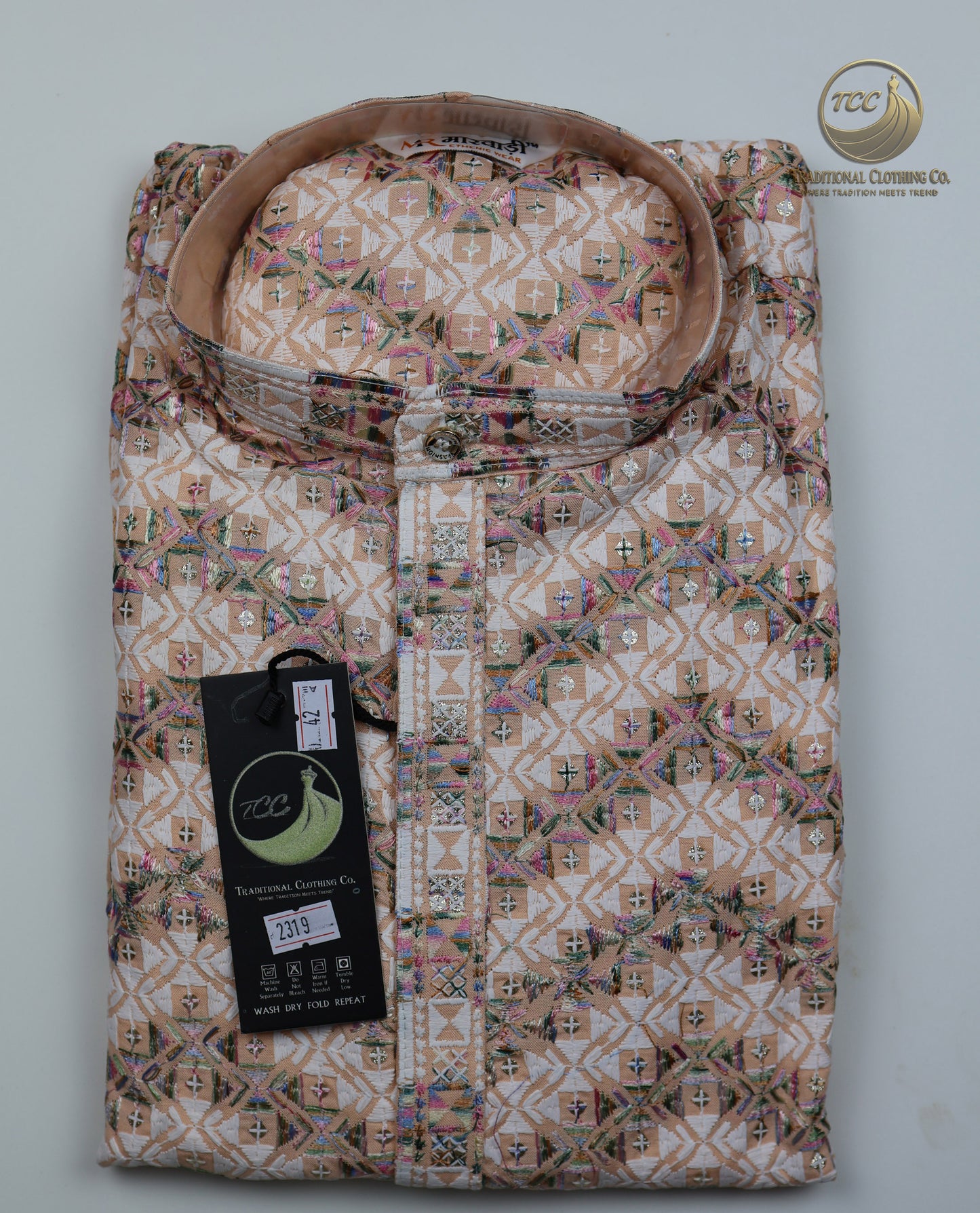 Men’s Chikan Kari Kurta – Traditional Embroidery – Available in Pink, Peach, Turquoise & Beige
