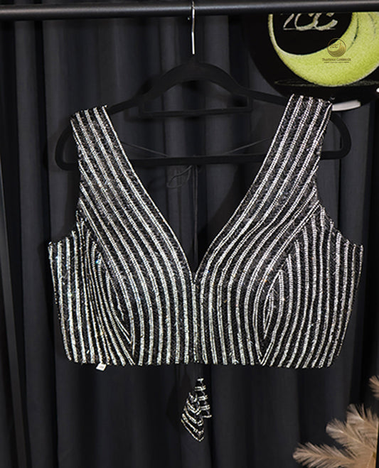 Elegant Black & Silver Metallic Striped Blouse – Stylish Evening & Casual Wear