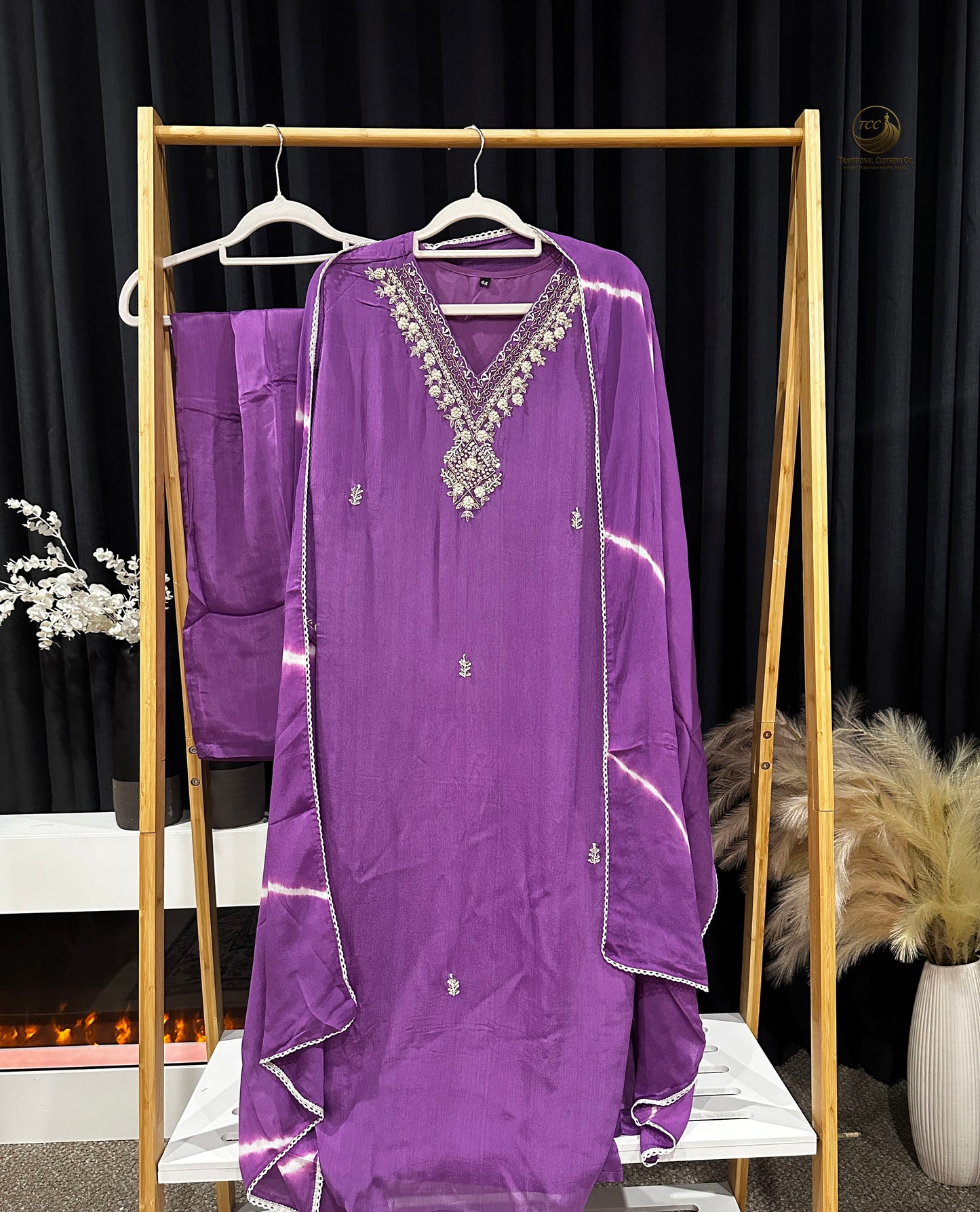 Purple Tie-Dye Traditional 3-Piece Ensemble with Gold & Multicolor Embroidery – Festive & Cultural Wear