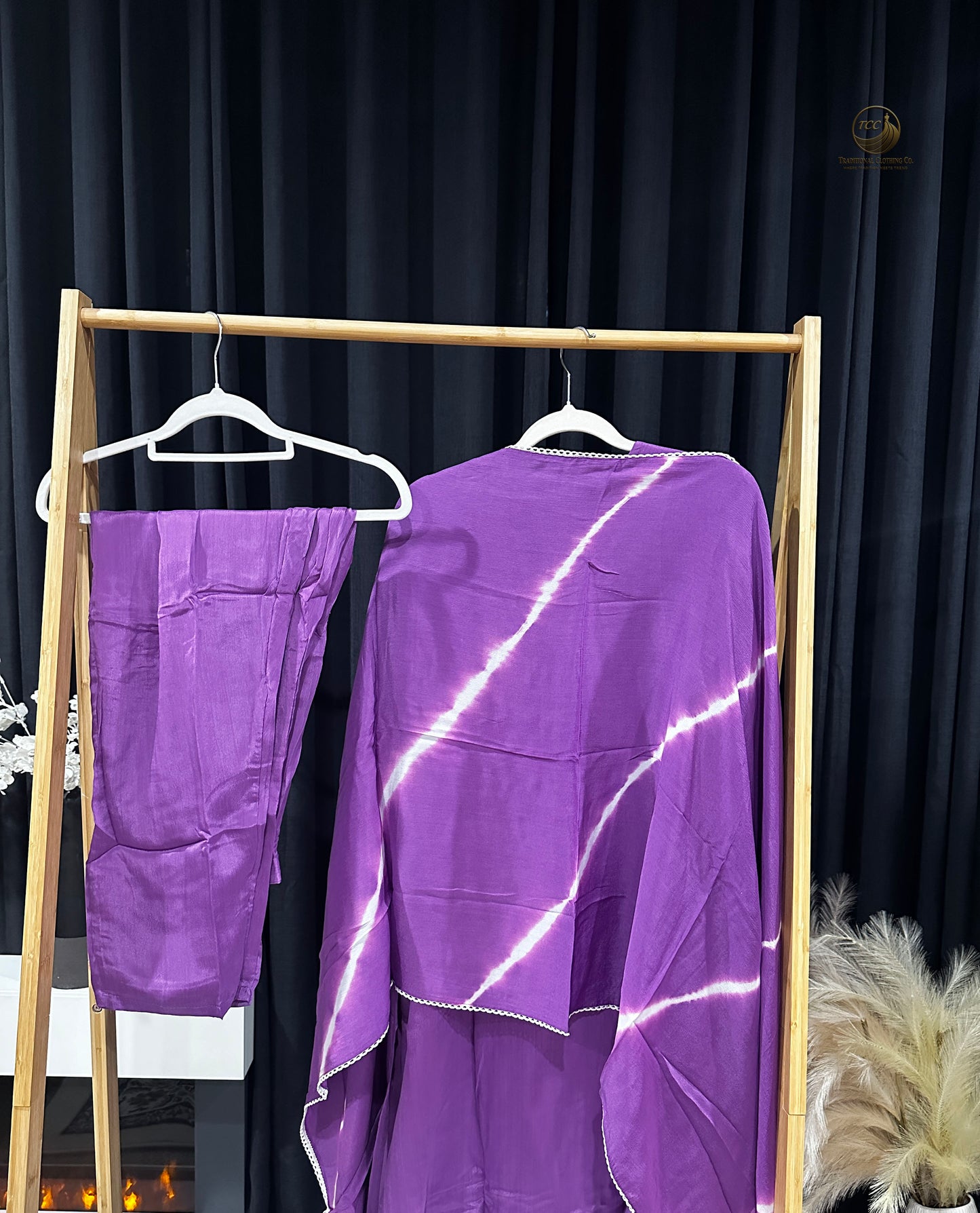 Purple Tie-Dye Traditional 3-Piece Ensemble with Gold & Multicolor Embroidery – Festive & Cultural Wear