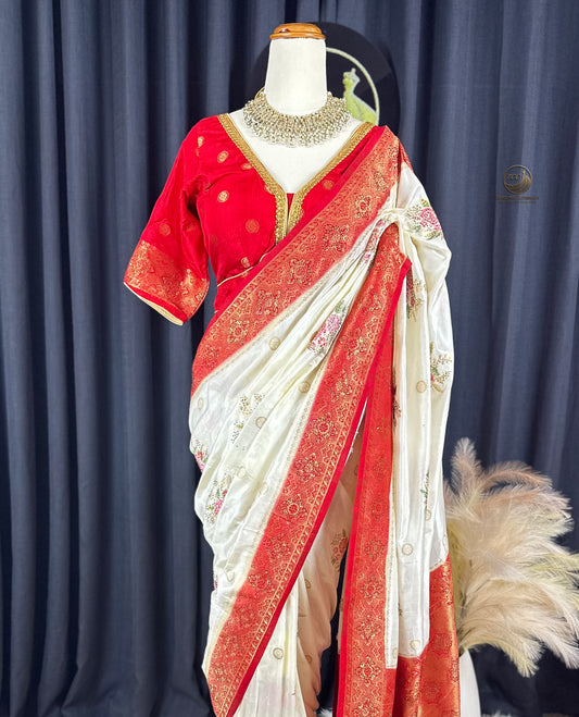 Premium Red & White Embroidered Saree Set – Elegant Traditional & Festive Wear