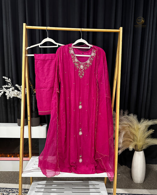 Bright Pink Handwork 3-piece Kurta Set – Floral Neckline with Dupatta | Festive & Cultural Wear