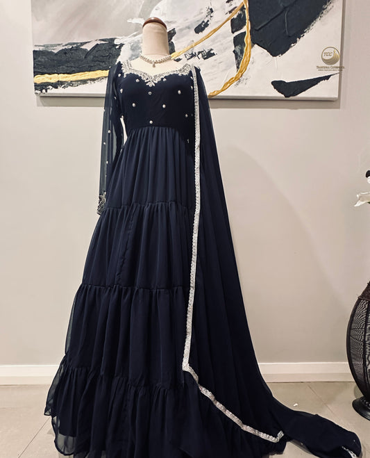 Regal Navy Blue Tiered Lehenga Set with Crisscross Back & Sheer Sleeve – 3-Piece Festive Ensemble