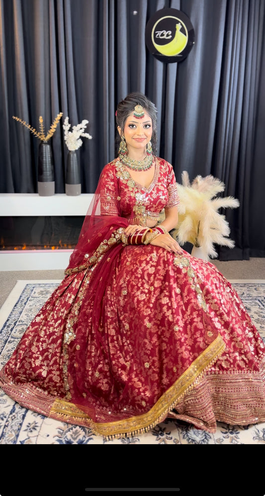 Boutique-Made Deep Maroon Bridal Lehenga Set with Heavy Zari & Sequin Embroidery