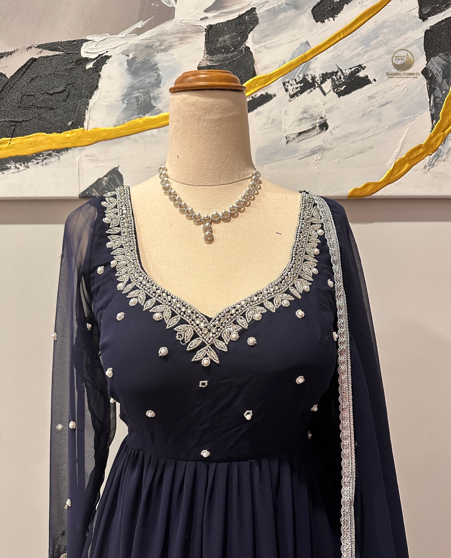 Regal Navy Blue Tiered Lehenga Set with Crisscross Back & Sheer Sleeve – 3-Piece Festive Ensemble