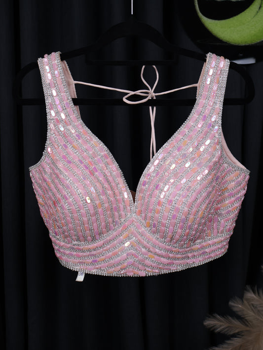 Elegant Pink Beaded Crop Top | Rhinestone Embellished Party Wear