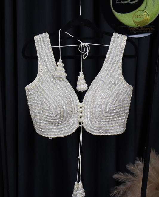 Premium Beaded Sleeveless Blouse – Elegant Statement Wear - Creamy White