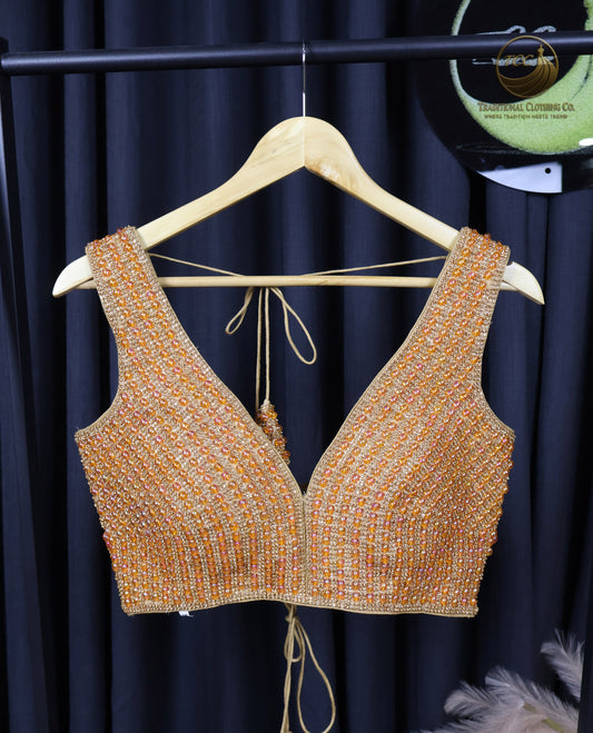 Premium Brown Beaded Sleeveless Blouse with Lace-Up Back – Festive Ethnic Wear