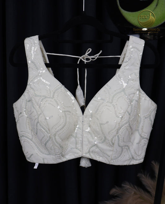 White Sequin Embellished Tie-Back Blouse – Elegant Party & Wedding Wear