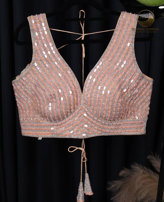 Peach Sequin Beaded Sleeveless Saree Blouse – Elegant Festive & Wedding Wear
