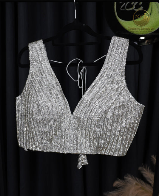 Silver beaded Sleeveless Saree Blouse – Elegant Festive & Wedding Wear
